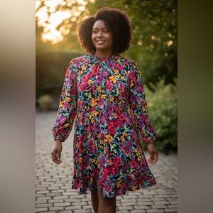 Hapsho Curve Floral Frill Mock Neck Dress, Women’s 2XL, Ruffles, Feminine, Short